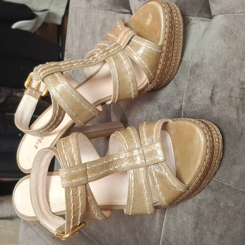 Prada Tan Strappy Platform Heel Sandals